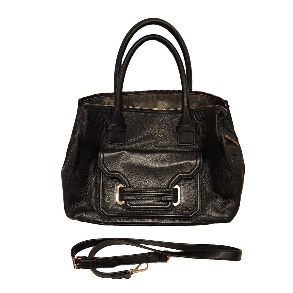 Vince Camuto Black Leather Handbag Satchel Tote w Strap Excellent Condition